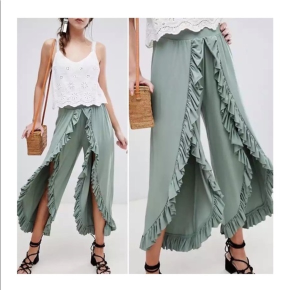 Boho sage ruffle detail slit palazzo pants Lounge - Picture 6 of 8